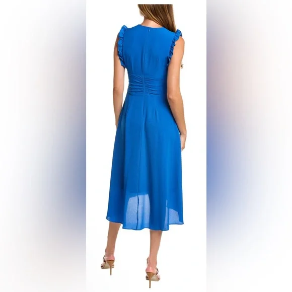 Maggy London V-Neck Hi-lo Midi Dress with Gathered Waist and Ruffle Details - Picture 3 of 7